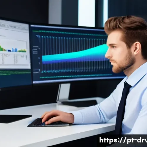 Home 31 외장 모니터 드라이버 설정 팁 - **Prompt:** A visually striking, high-tech office environment at dusk. A young professional (20s-30s...