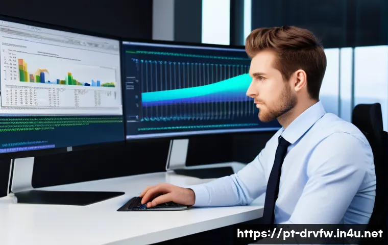 외장 모니터 드라이버 설정 팁 - **Prompt:** A visually striking, high-tech office environment at dusk. A young professional (20s-30s...